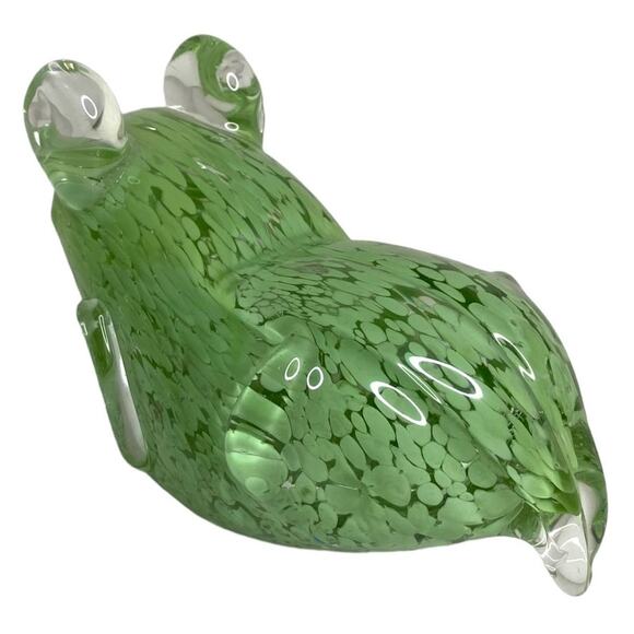 Hand Blown Glass Frog Paperweight Green and Clear Speckle Swirl Design - Picture 5 of 10